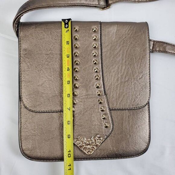 Bronze Studded Crossbody Purse Small Satchel Faux Leather with Gold Detail 11x9 - Picture 8 of 10